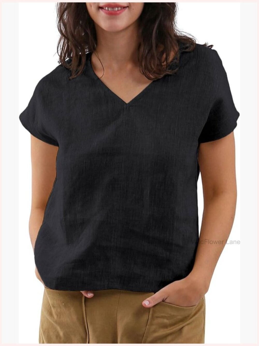 100% Linen Short Sleeve V Neck Blouse Summer Casual Relaxed Fit